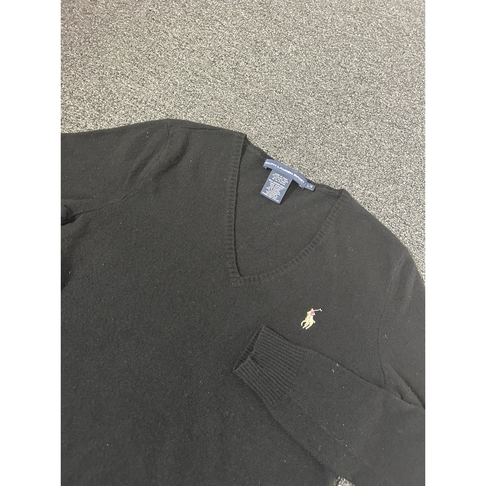 Ralph Lauren Sport Cashmere Blend V-Neck Sweater Black Womens Large Flesh Pony
